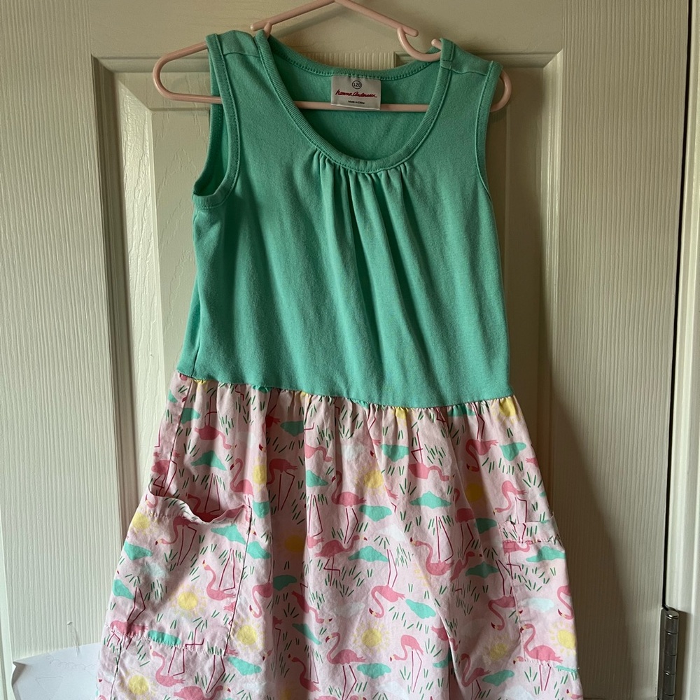 Hanna andersson Mint Green and Pink Flamingo Kids Dress with pockets size 6